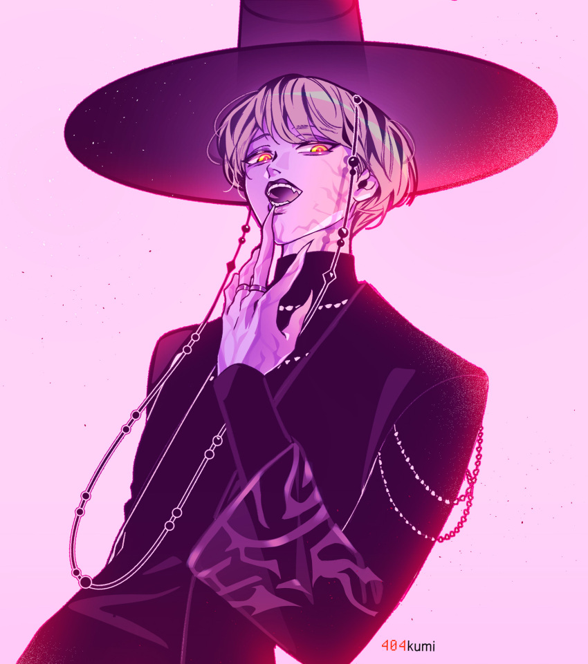 1boy, 404kumi, baby_(kpop_demon_hunters), black_sleeves, blonde_hair, demon, eyes_visible_through_hair, fangs