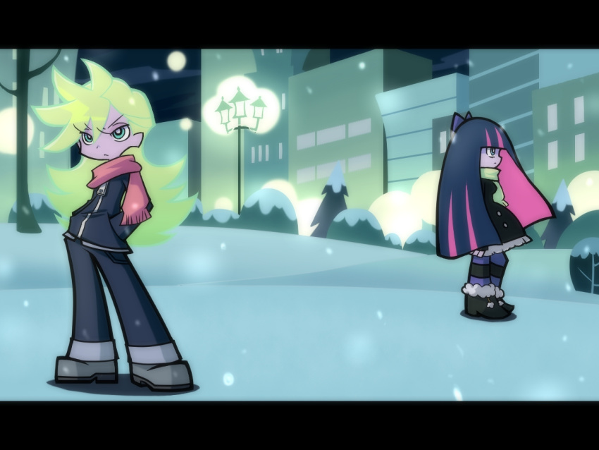 blonde_hair, letterboxed, multicolored_hair, multiple_girls, official_style, panty_&amp;_stocking_with_garterbelt, panty_(character), panty_(psg)