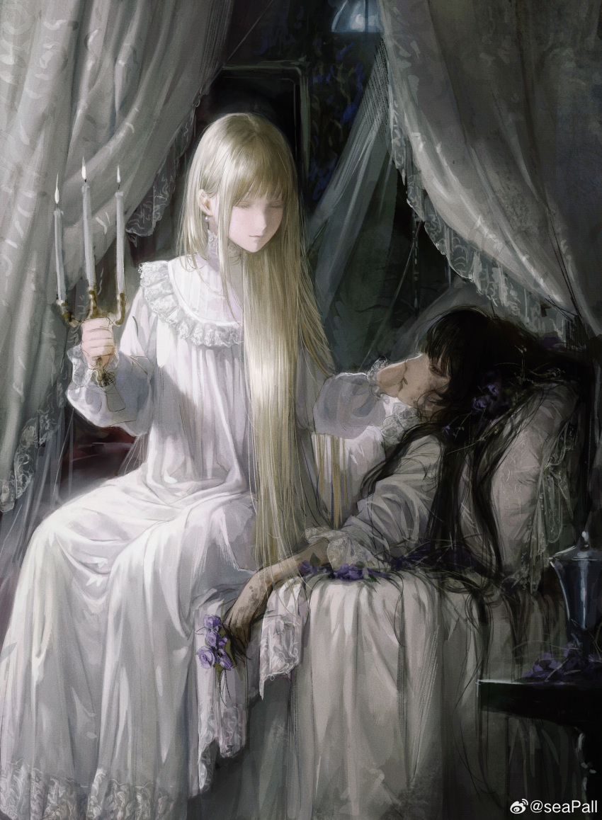 2girls, absurdres, black_hair, blonde_hair, candlestand, closed_eyes, closed_mouth, dress, flower, hand_on_another's_face, highres, holding, holding_candlestand, holding_flower, long_hair, looking_at_another, lying, multiple_girls, on_back, on_bed, original, purple_flower, red_eyes, seapall, sick, sidelocks, watermark, weibo_watermark, white_dress