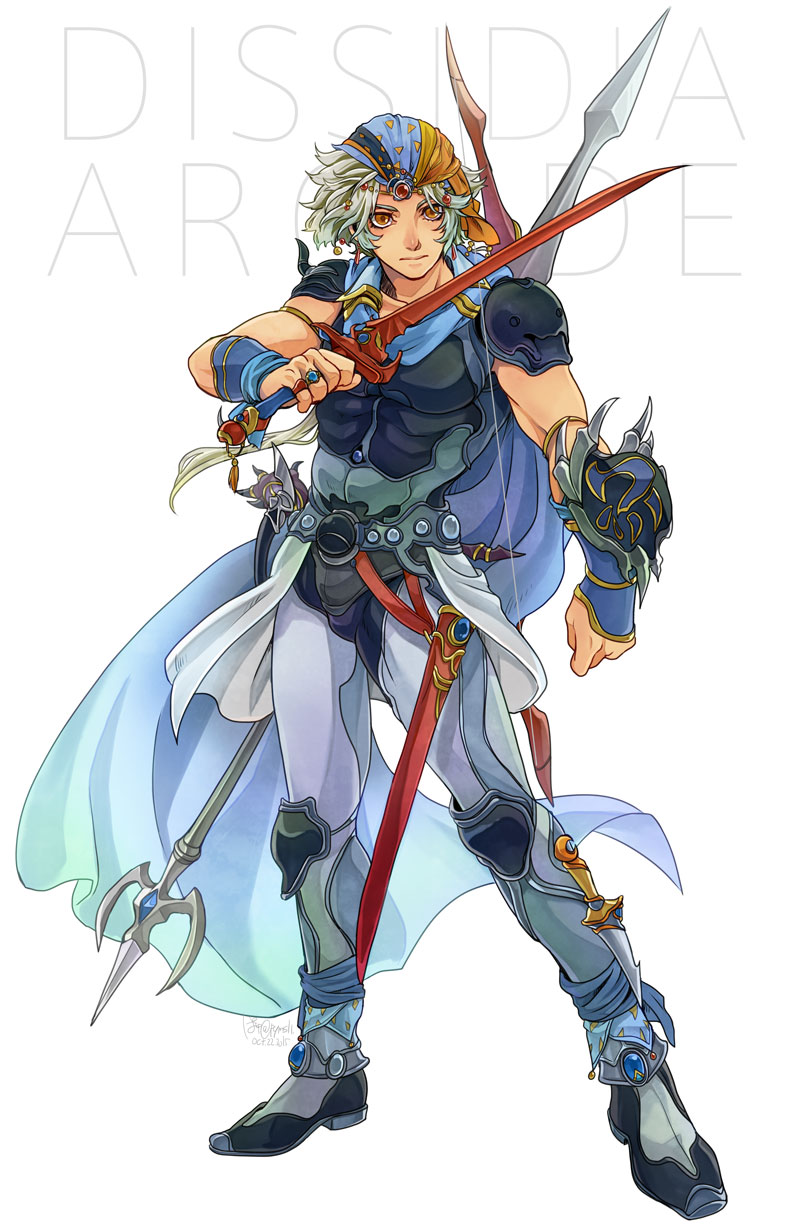1boy, arm_shield, armor, black_armor, blue_cape, blue_headscarf, bow_(weapon), cape
