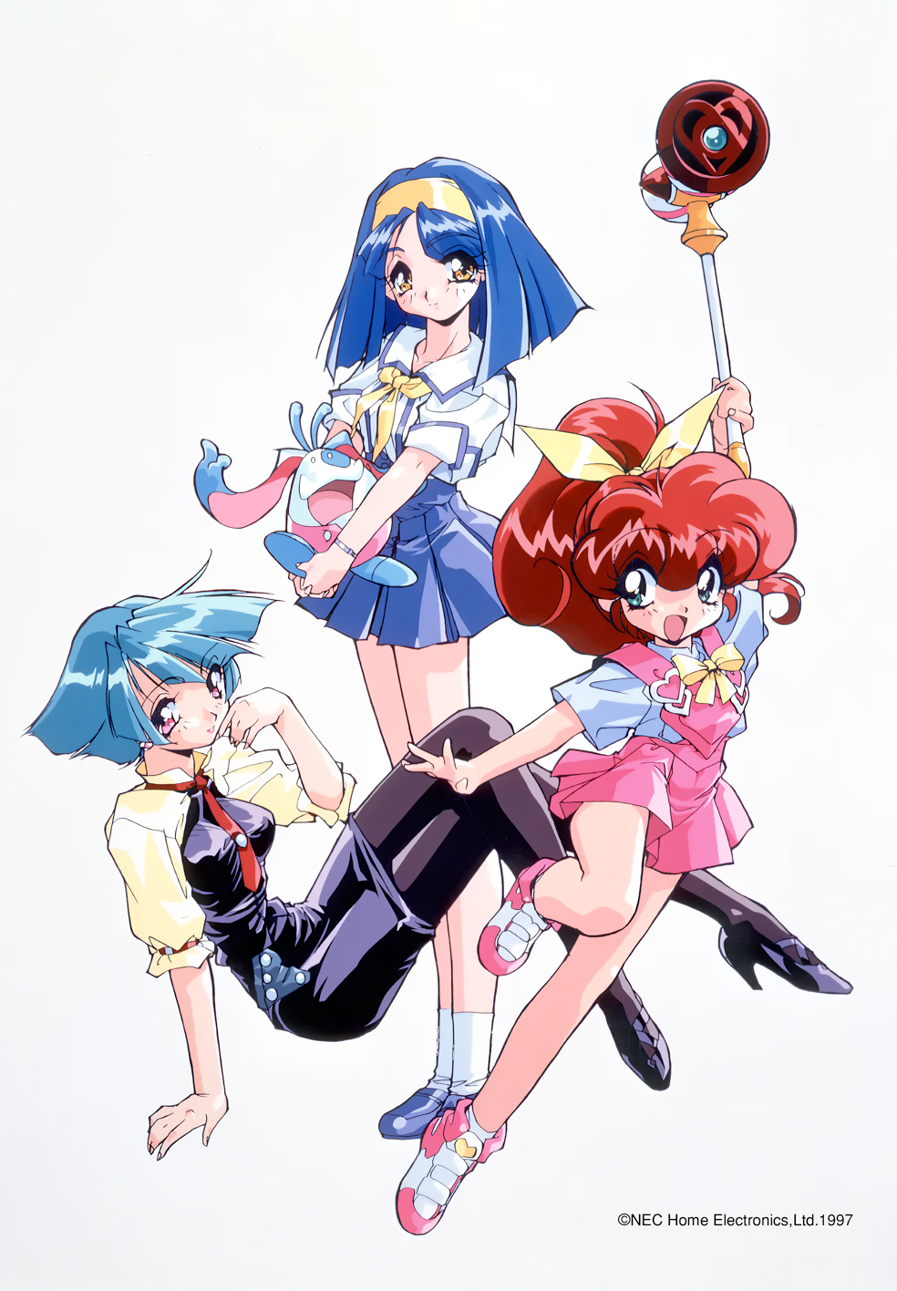 1990s_(style), 3girls, aqua_eyes, aqua_hair, blue_hair, blunt_ends, carrying, carrying_under_arm