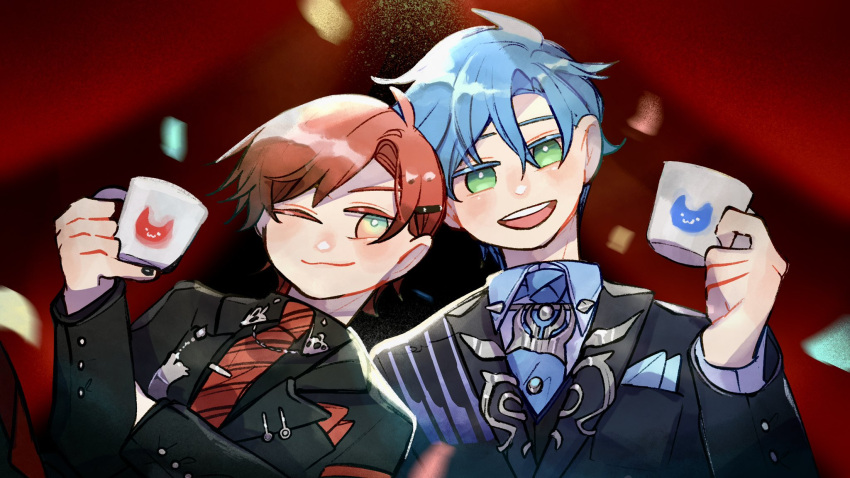 2boys, ascot, black_suit, blue_ascot, blue_hair, closed_mouth, confetti, cup