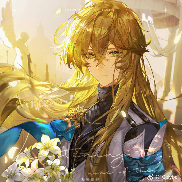 1boy, armband, black_shirt, blonde_hair, blue_armband, blurry, blurry_background, brooch