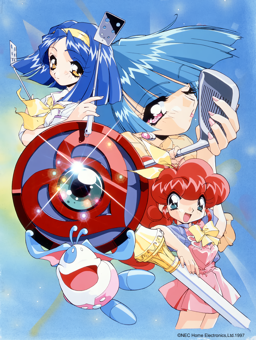 1990s_(style), 3girls, aoba_hikari, aoba_nozomi, aoba_tsubasa, aqua_eyes, arm_up, blue_hair