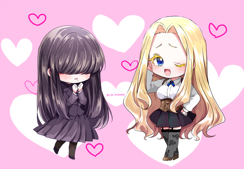2girls, :d, black_garter_straps, black_hair, black_jacket, black_pantyhose, black_skirt, black_sweater