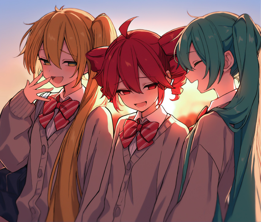 3girls, :d, absurdres, ahoge, akita_neru, aqua_hair, bag, blonde_hair