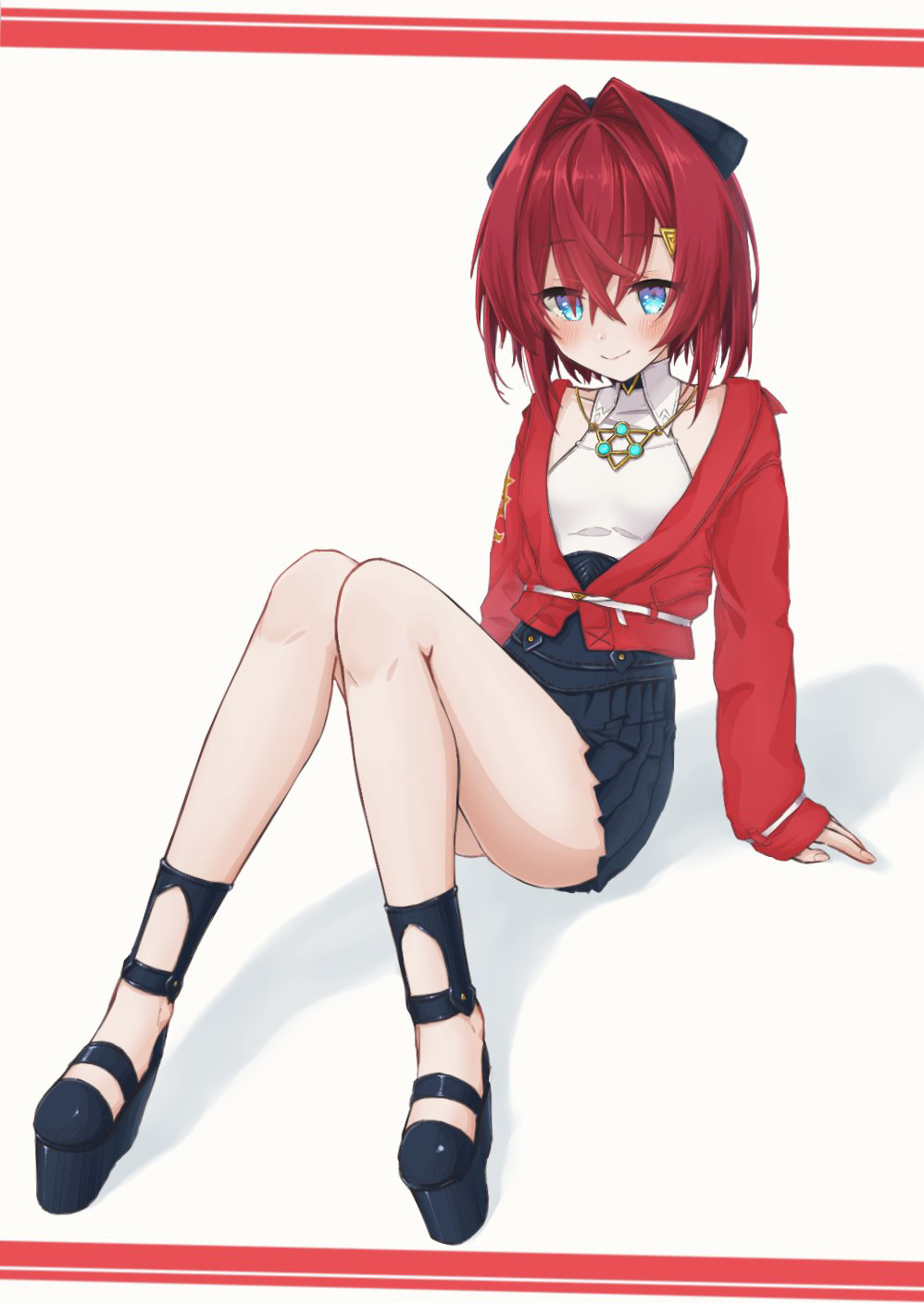 1girl, ange_katrina, ange_katrina_(2nd_costume), arm_support, ayuko_ammobium, bare_legs, belt, black_bow