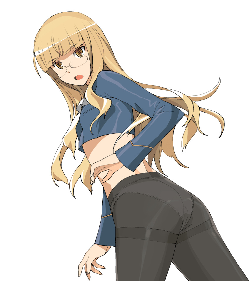 1girl, a1, ass, blonde_hair, crop_top, initial-g, long_hair, looking_at_viewer