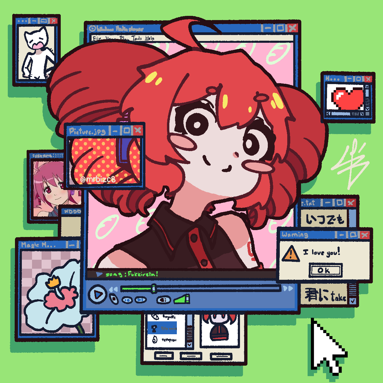 1girl, ahoge, bare_shoulders, black_shirt, blush_stickers, buttons, collared_shirt, cursor, drill_hair, english_text, fukkireta, green_background, hair_between_eyes, heart, highres, kasane_teto, looking_at_viewer, mrbizc8, no_sclera, number_tattoo, red_hair, shirt, smile, spanish_commentary, tattoo, twin_drills, twintails, twitter_username, upper_body, utau, window_(computing), windows_media_player