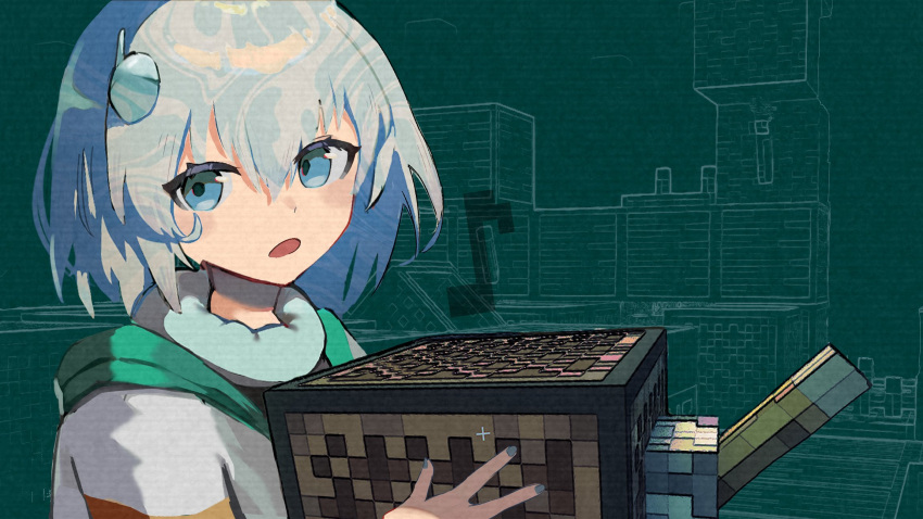 1girl, blue_eyes, cevio, eighth_note, green_background, grey_nails, hair_between_eyes, hair_ornament