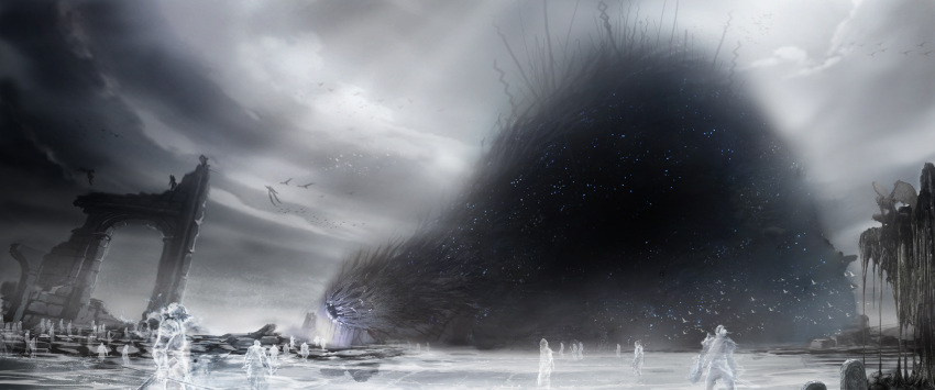 armor, bird, clouds, cloudy_sky, demon's_souls, eldritch_abomination, gargoyle, helmet