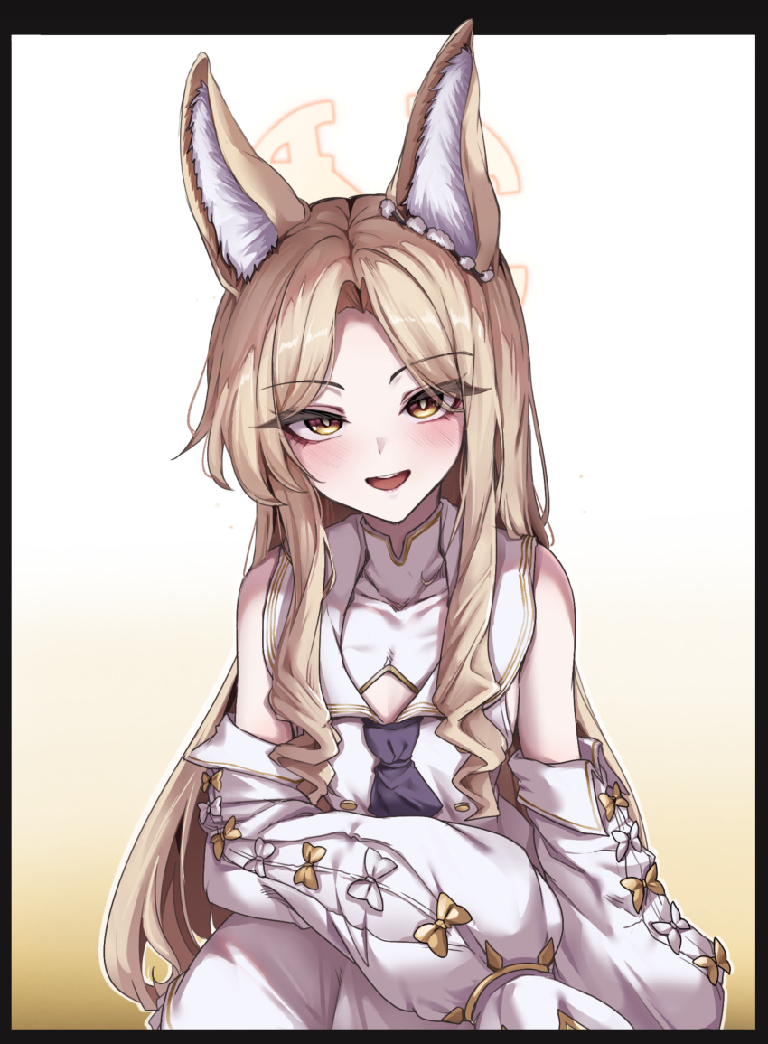 1girl, absurdres, animal_ear_fluff, animal_ears, ascot, bare_shoulders, blonde_hair, blue_archive