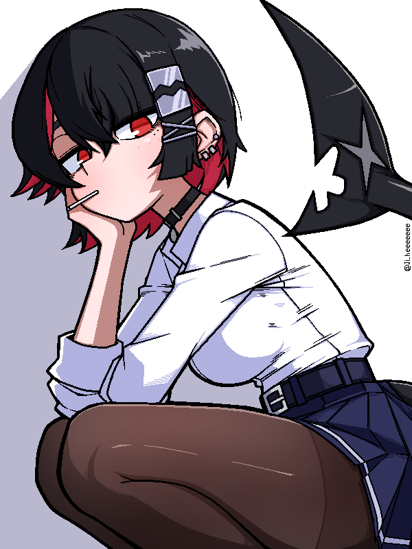 black_choker, black_hair, breasts, brown_pantyhose, candy, choker, collared_shirt, ear_piercing