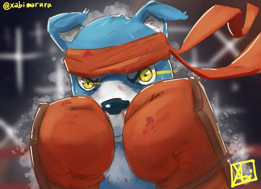 blue_fur, blurry, blurry_background, body_fur, boxing_gloves, digimon, digimon_(creature), eye_trail