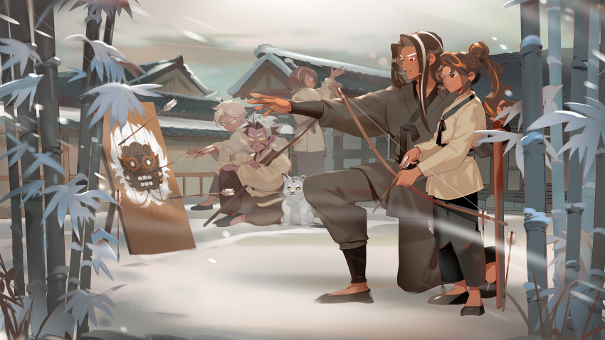 1girl, 4boys, archery, bamboo, bandal, black_pants, bow_(weapon), brown_hair