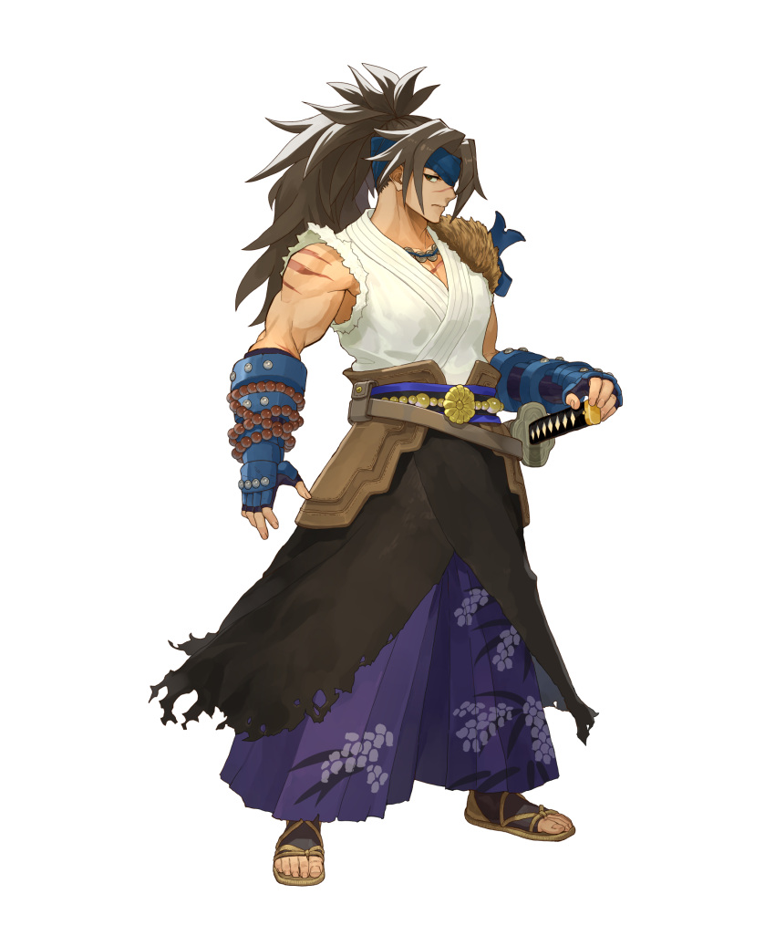 1boy, artist_request, blue_headband, brown_eyes, brown_hair, closed_mouth, fingerless_gloves, full_body, gloves, headband, highres, japanese_clothes, jewelry, light_frown, long_hair, looking_at_viewer, male_focus, murasame_(rune_factory), muscular, muscular_male, necklace, official_art, pants, pleated_pants, ponytail, purple_pants, rune_factory, rune_factory:_guardians_of_azuma, sandals, scar, scar_on_chest, scar_on_face, scar_on_nose, scar_on_shoulder, sheath, sheathed, simple_background, solo, standing, sword, torn_clothes, transparent_background, vest, weapon, white_vest