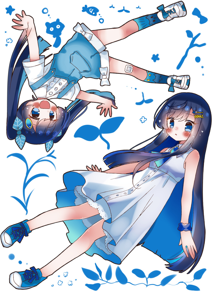 2girls, :d, absurdres, animal_print, background_request, black_hair, blue_bow, blue_eyes