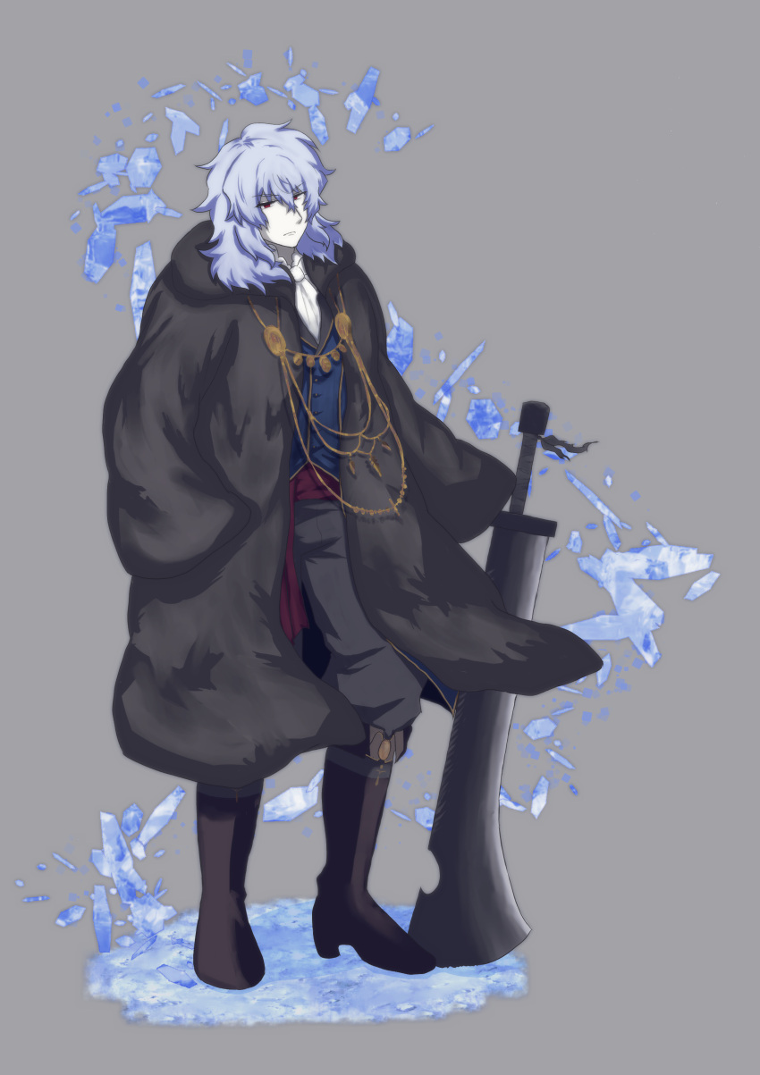 1boy, absurdres, ascot, boots, coat, cryokinesis, expressionless, floating_clothes
