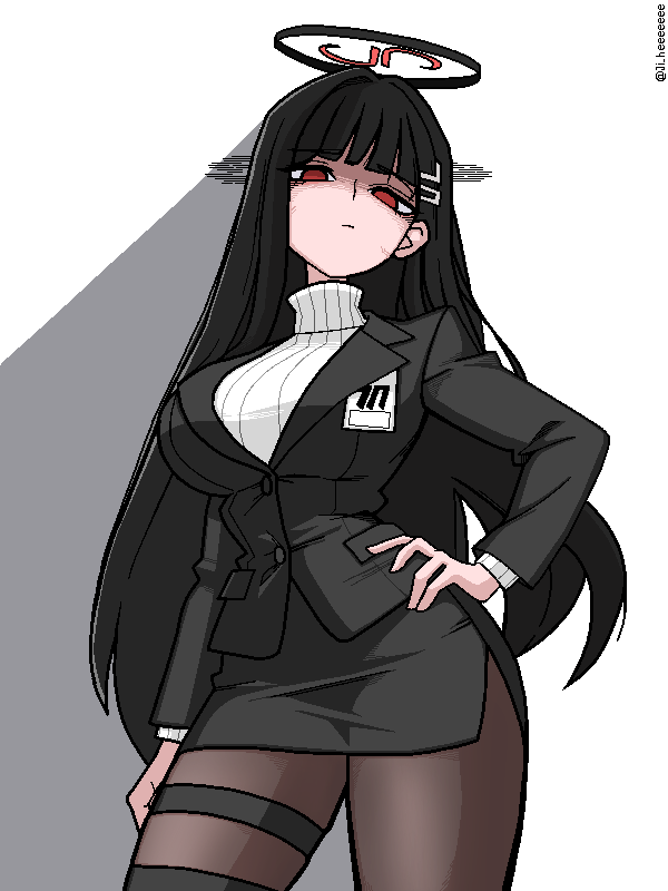 1girl, black_hair, black_jacket, black_skirt, blue_archive, blunt_bangs, breasts, brown_pantyhose, closed_mouth, empty_eyes, halo, hand_on_own_hip, jacket, jaggy_lines, ji_heeeeeee, korean_commentary, large_breasts, long_hair, long_sleeves, looking_at_viewer, pantyhose, pencil_skirt, red_eyes, ribbed_sweater, rio_(blue_archive), simple_background, skirt, solo, sweater, thigh_strap, turtleneck, turtleneck_sweater, twitter_username, very_long_hair, white_sweater