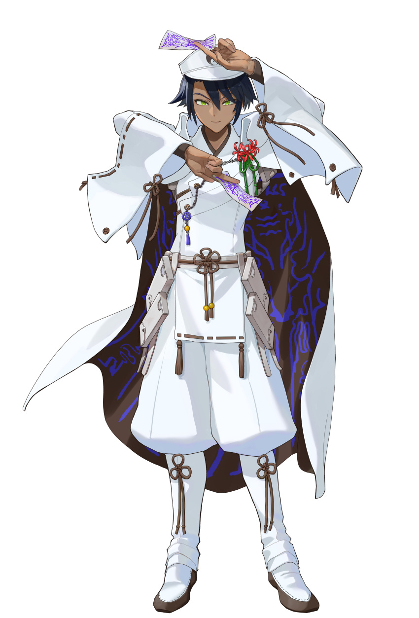 1boy, absurdres, artist_request, black_cape, black_hair, boots, cape, closed_mouth