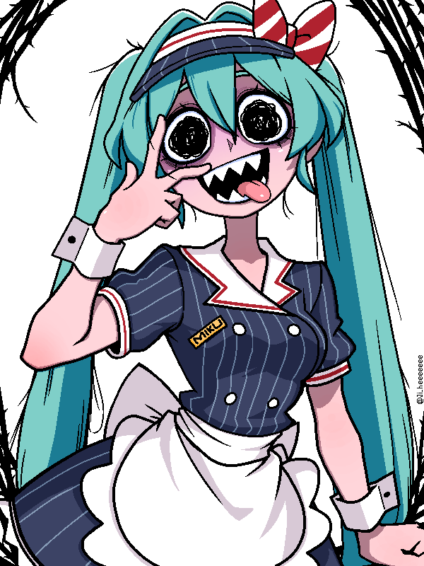 1girl, apron, aqua_hair, black_eyes, bow, crazy_eyes, eyelashes, hair_between_eyes