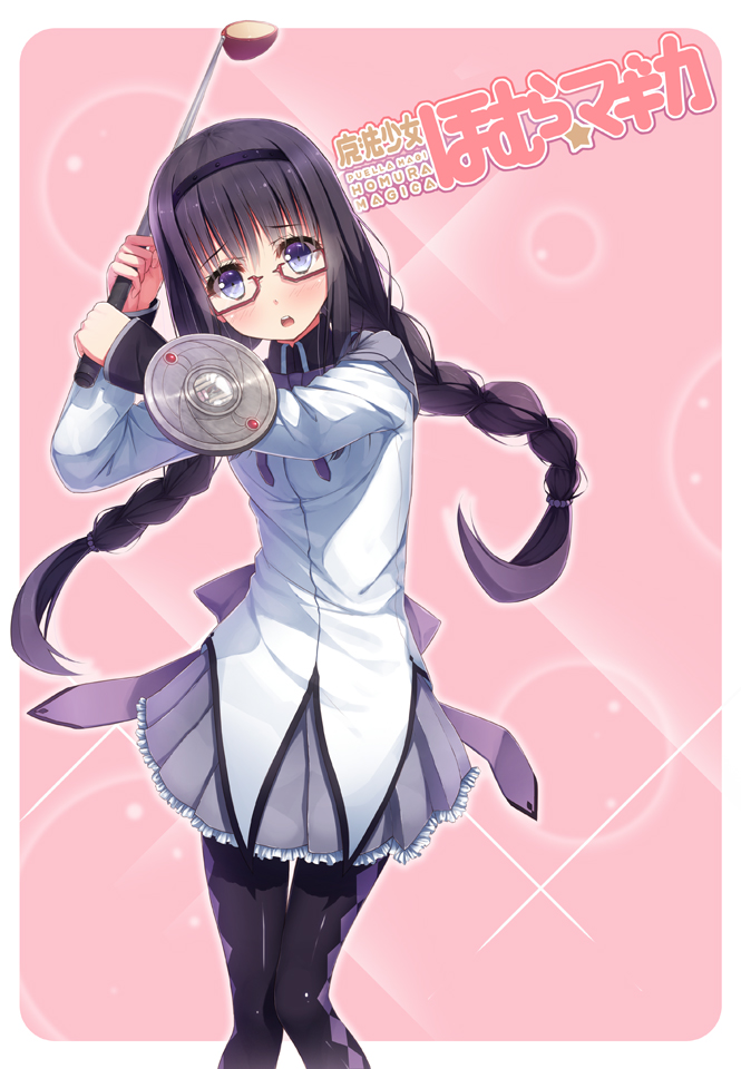 akemi_homura, black_hair, black_legwear, braid, glasses, golf_club, hairband, long_hair