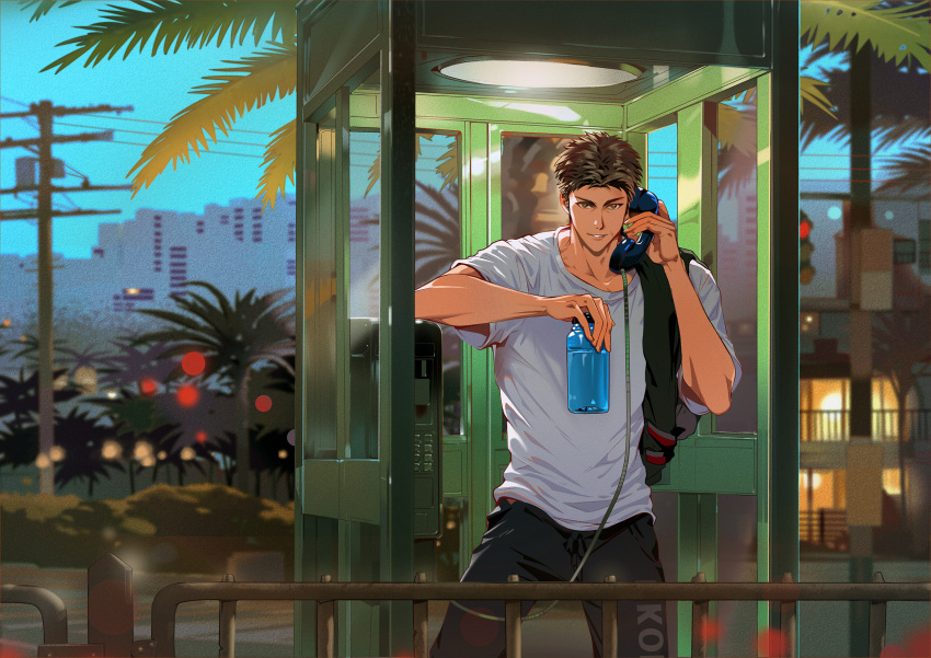 1boy, bandal, black_pants, bottle, brown_hair, city, highres, holding