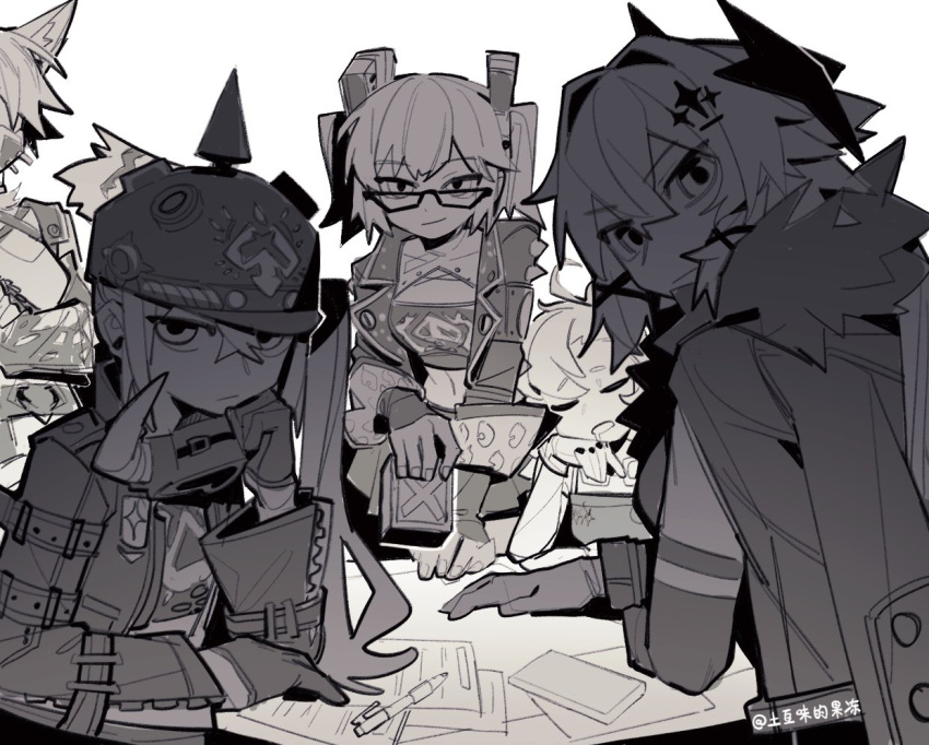 5girls, breasts, burnice_white, caesar_king_(zenless_zone_zero), closed_eyes, commentary_request, crop_top, crossed_bangs