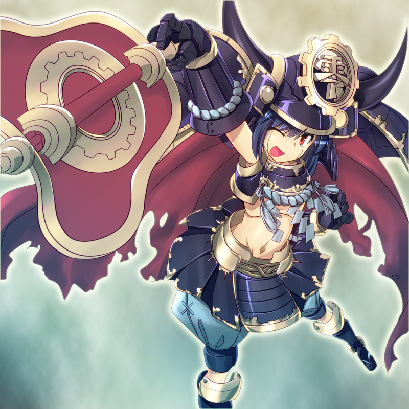 armor, blue_hair, cape, doll_joints, duel_monster, fan, gauntlets, gunbai, helmet, kabuto, karakuri, karakuri_shougun_burei, midriff, mtu, navel, open_mouth, red_eyes, samurai, samurai_armor, shide, shimenawa, smile, solo, war_fan, wink, yu-gi-oh!, yuu-gi-ou, yuu-gi-ou_duel_monsters