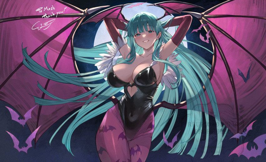 1girl, animal_print, aqua_eyes, aqua_hair, ayacho, bat_print, bat_wings, breasts