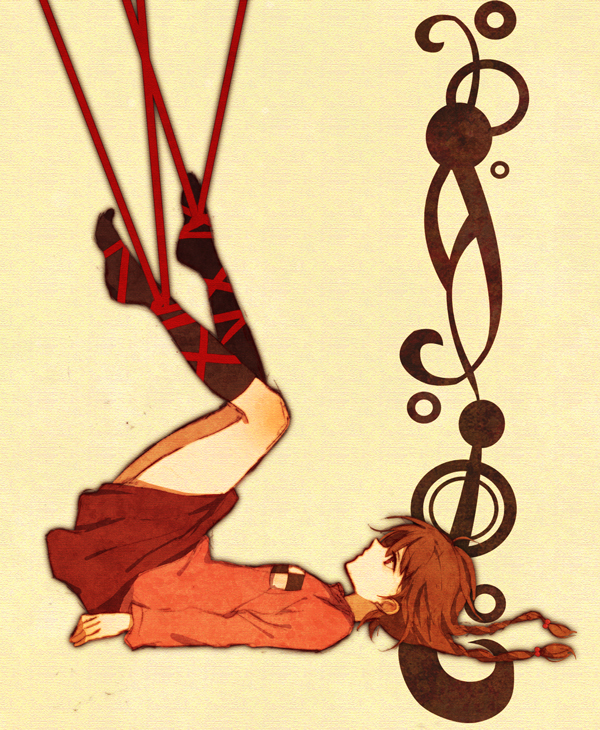 brown_hair, kneehighs, legs_up, lying, madotsuki, on_back, ribbon, solo