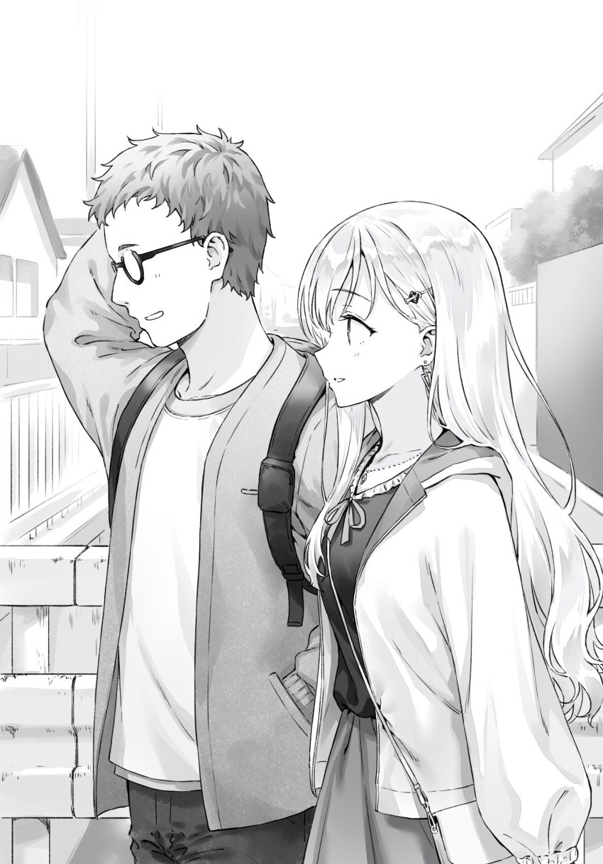 1boy, 1girl, ayase_saki, backpack, bag, commentary_request, cowboy_shot, earrings, from_side, gimai_seikatsu, glasses, greyscale, hair_ornament, hairclip, hand_in_pocket, highres, hiten_(hitenkei), jacket, jewelry, long_hair, maru_tomokazu, monochrome, necklace, novel_illustration, official_art, open_clothes, open_jacket, outdoors, profile, second-party_source, shirt_tucked_in, short_hair