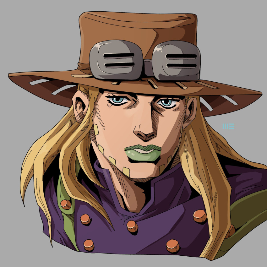 1boy, araki_hirohiko_(style), beard, bishounen, blonde_hair, blue_eyes, brown_hat, commentary