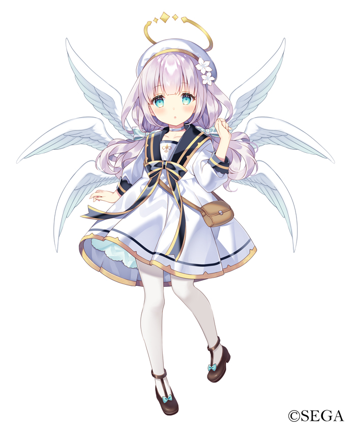 angel, angel_wings, blue_eyes, blush, bow, dress, feathered_wings, flower