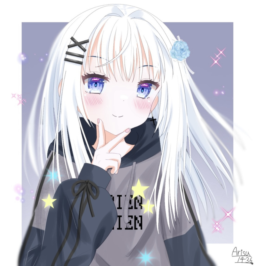 1girl, arisuuuuu.1436, blue_eyes, grey_hair, highres, hood, hooded_jacket, hoodie