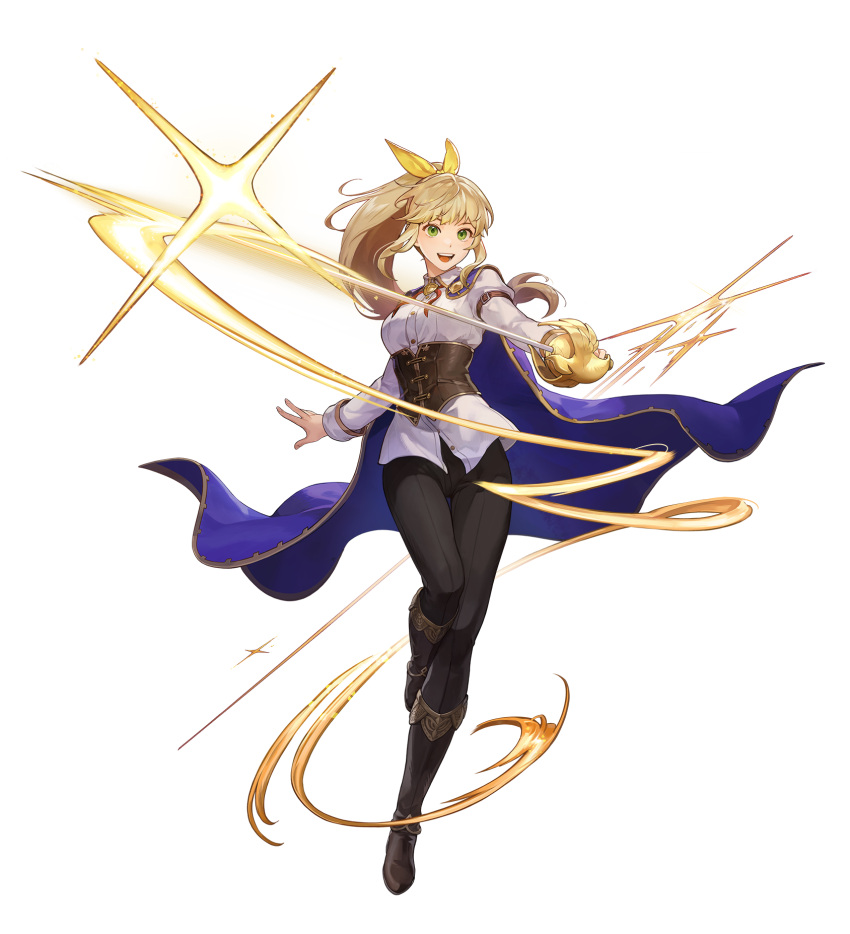 1girl, :d, artist_request, black_pants, blonde_hair, blue_cape, boots, breasts
