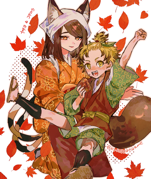 1boy, 1girl, :d, animal_ear_fluff, animal_ears, arm_up, autumn_leaves, bangs_pinned_back, blonde_hair, brown_eyes, brown_hair, calico, cat_ears, cat_girl, cat_tail, character_name, child, clenched_hand, commentary_request, floral_print, food, headscarf, holding, holding_food, japanese_clothes, kimono, kotaro_(rune_factory), leaf, leaf_on_head, legs_apart, long_hair, looking_at_viewer, maple_leaf, multiple_tails, open_mouth, orange_kimono, outstretched_arm, ponytail, rune_factory, rune_factory:_guardians_of_azuma, sandals, short_hair, short_ponytail, shourou_kanna, sitting, sitting_on_person, smile, swept_bangs, tail, two_tails, yachiyo_(rune_factory), yellow_eyes