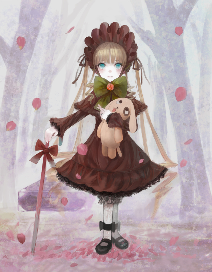 bad_id, cane, gothic_lolita, highres, jasmine_(jasco), kunkun, lolita_fashion, rozen_maiden, shinku, shinkuu, solo, stuffed_toy