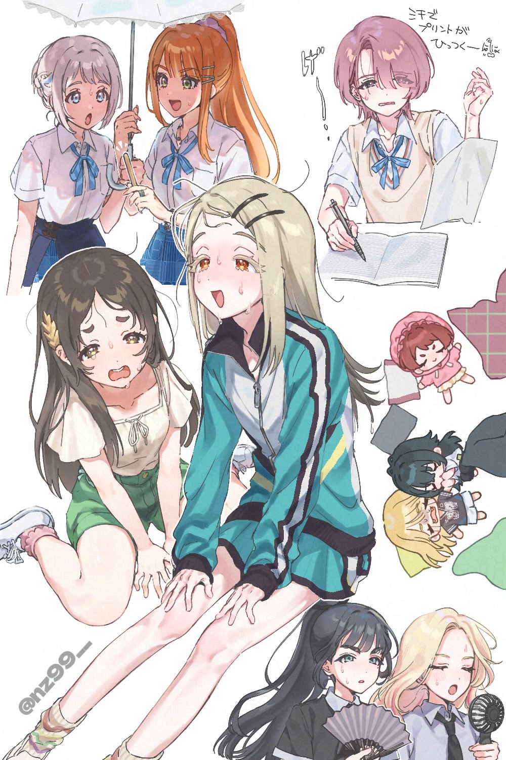 6+girls, alternate_hairstyle, amaya_tsubame, antenna_hair, arimura_mao, arms_between_legs, asymmetrical_bangs, black_hair