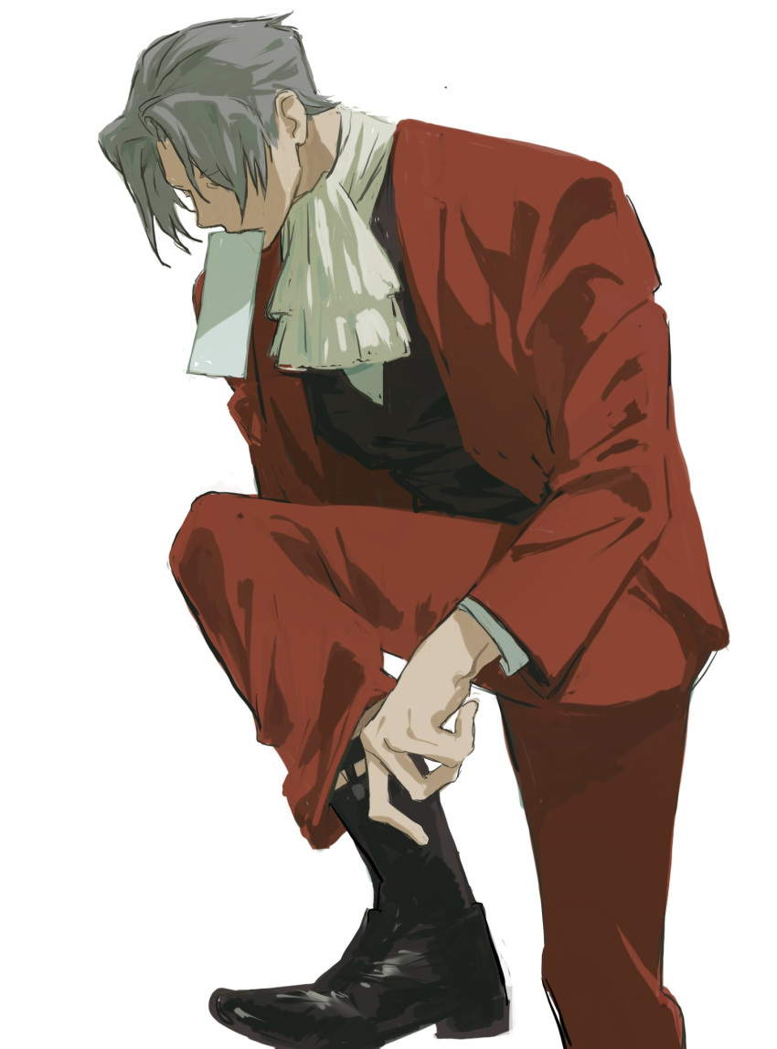 1boy, ace_attorney, adjusting_footwear, ascot, black_boots, black_vest, boots, closed_eyes