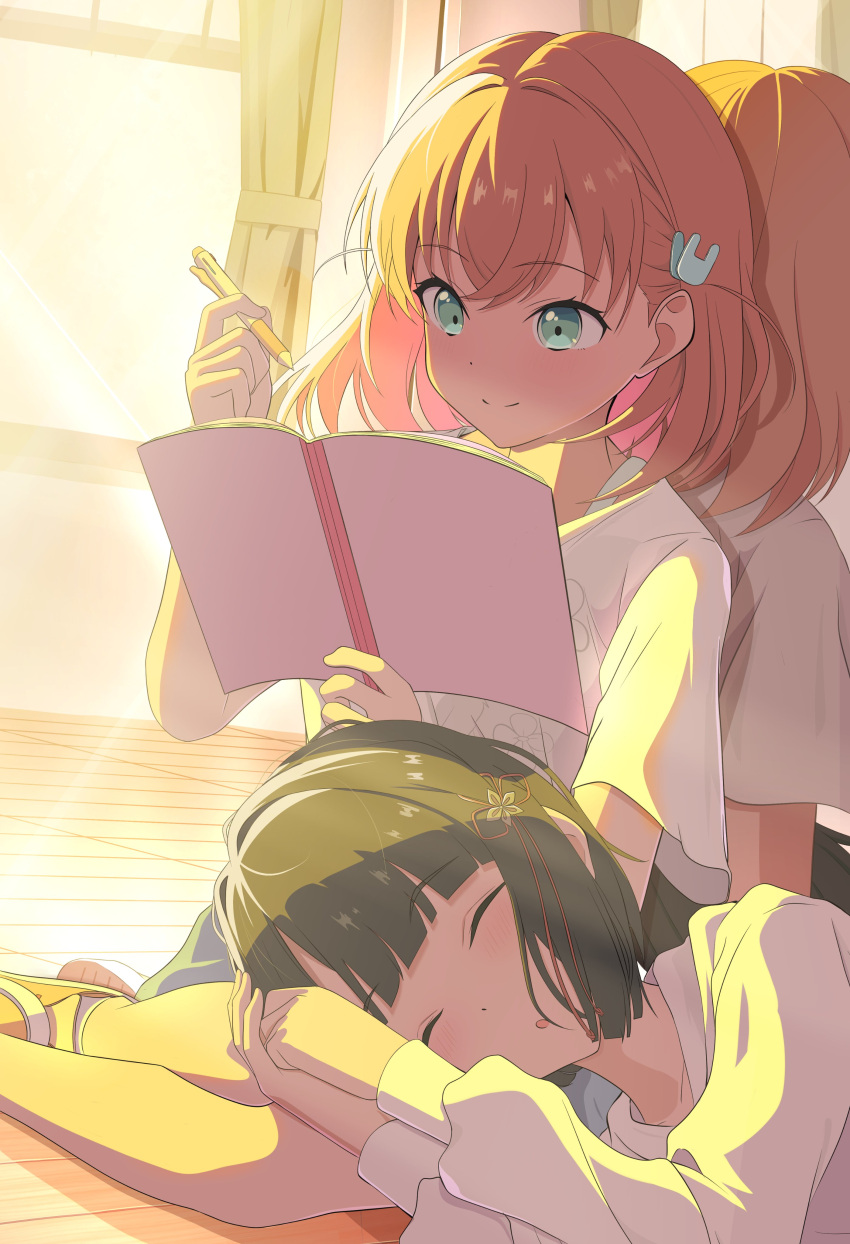 2girls, :o, absurdres, against_mirror, backlighting, black_hair, blue_skirt, blunt_bangs