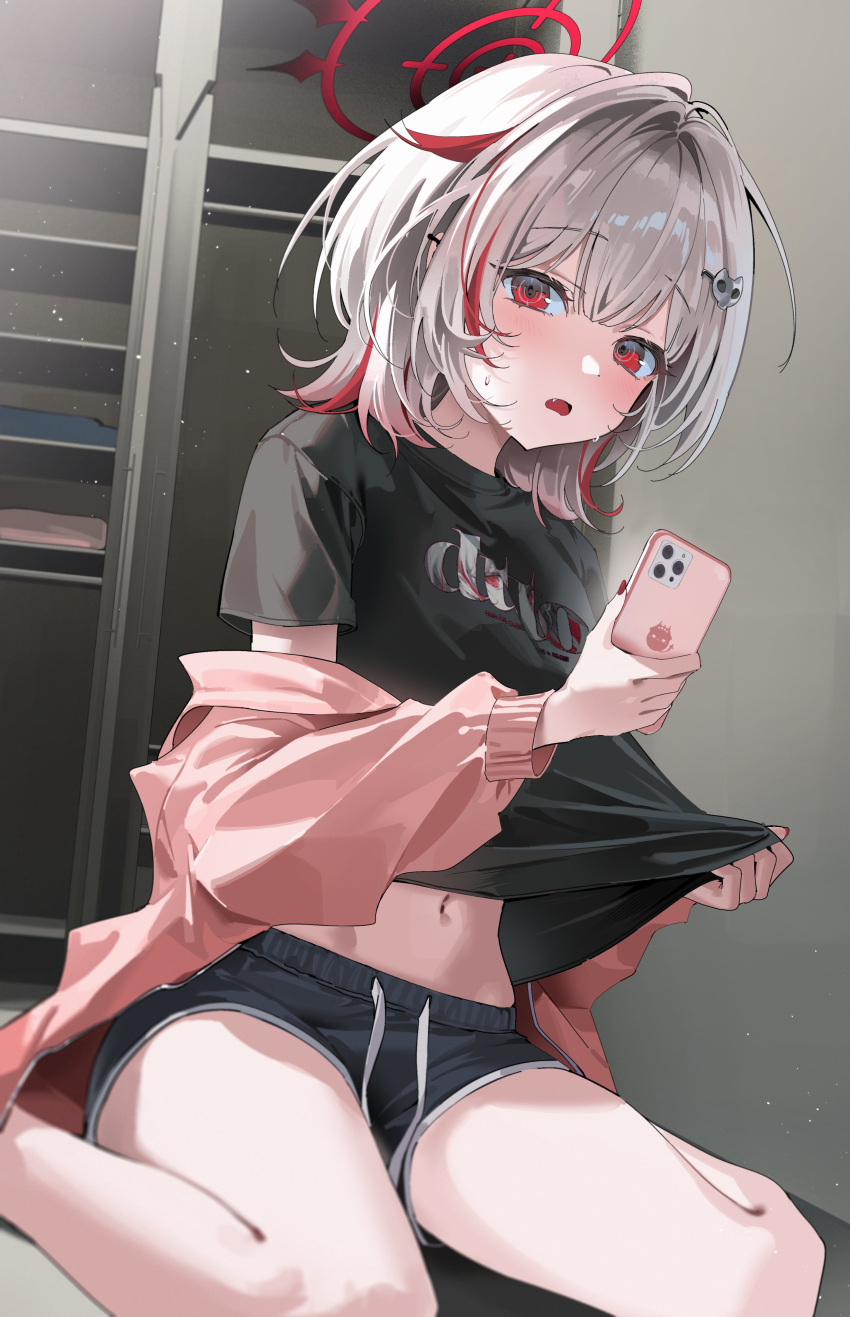 absurdres, alternate_costume, belly, black_shirt, black_shorts, cellphone, chii_(chiiriring), crosshair_pupils