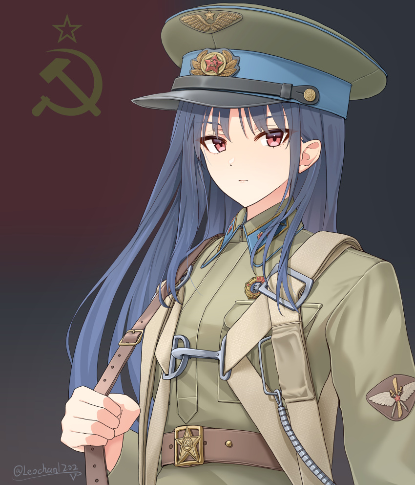 1girl, absurdres, artist_name, battle_of_stalingrad, belt, belt_buckle, blue_hair, brown_belt
