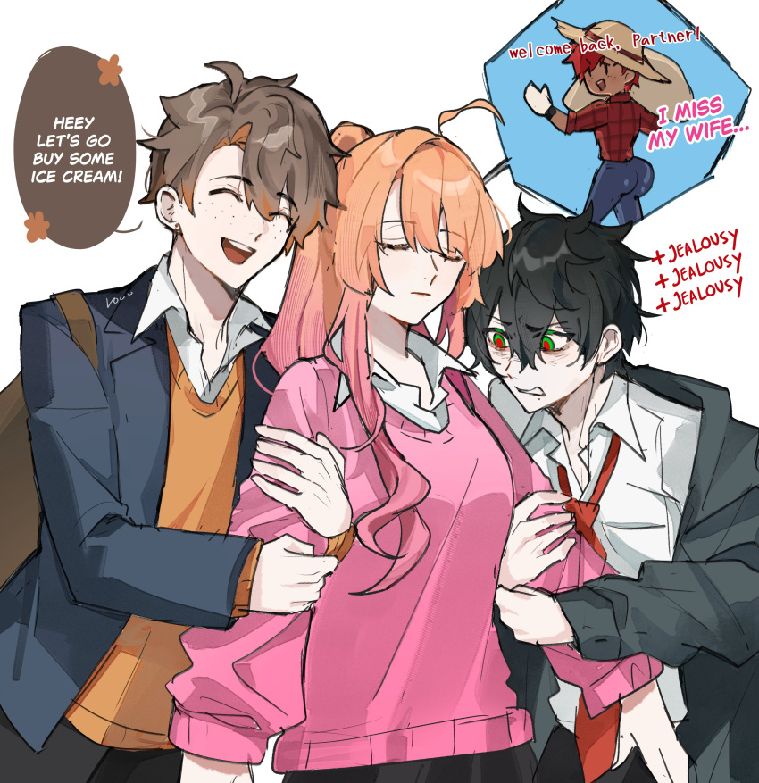 1girl, 3boys, absurdres, alex_(degrees_of_lewdity), alex_(male)_(degrees_of_lewdity), black_hair, black_jacket, blonde_hair