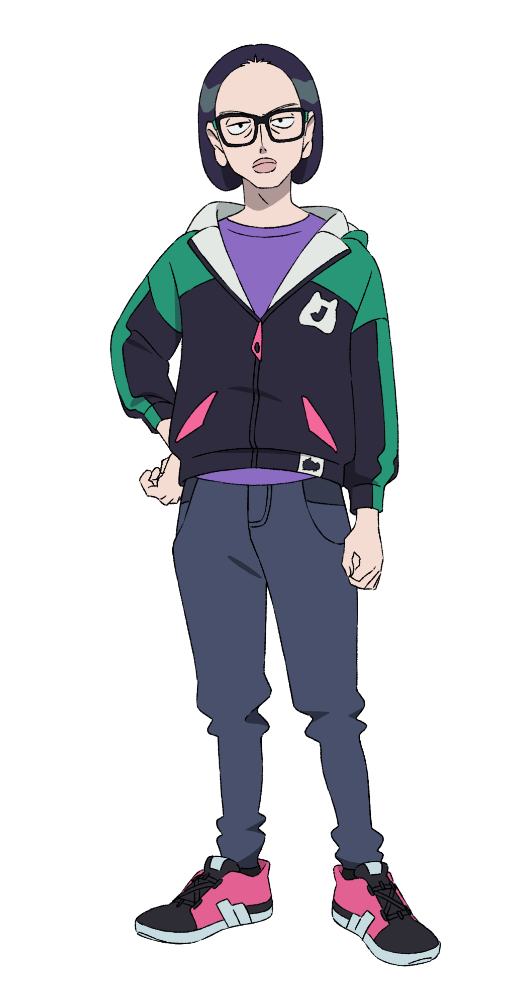 1boy, black_hair, black_hoodie, blue_pants, clenched_hand, denim, forehead, full_body