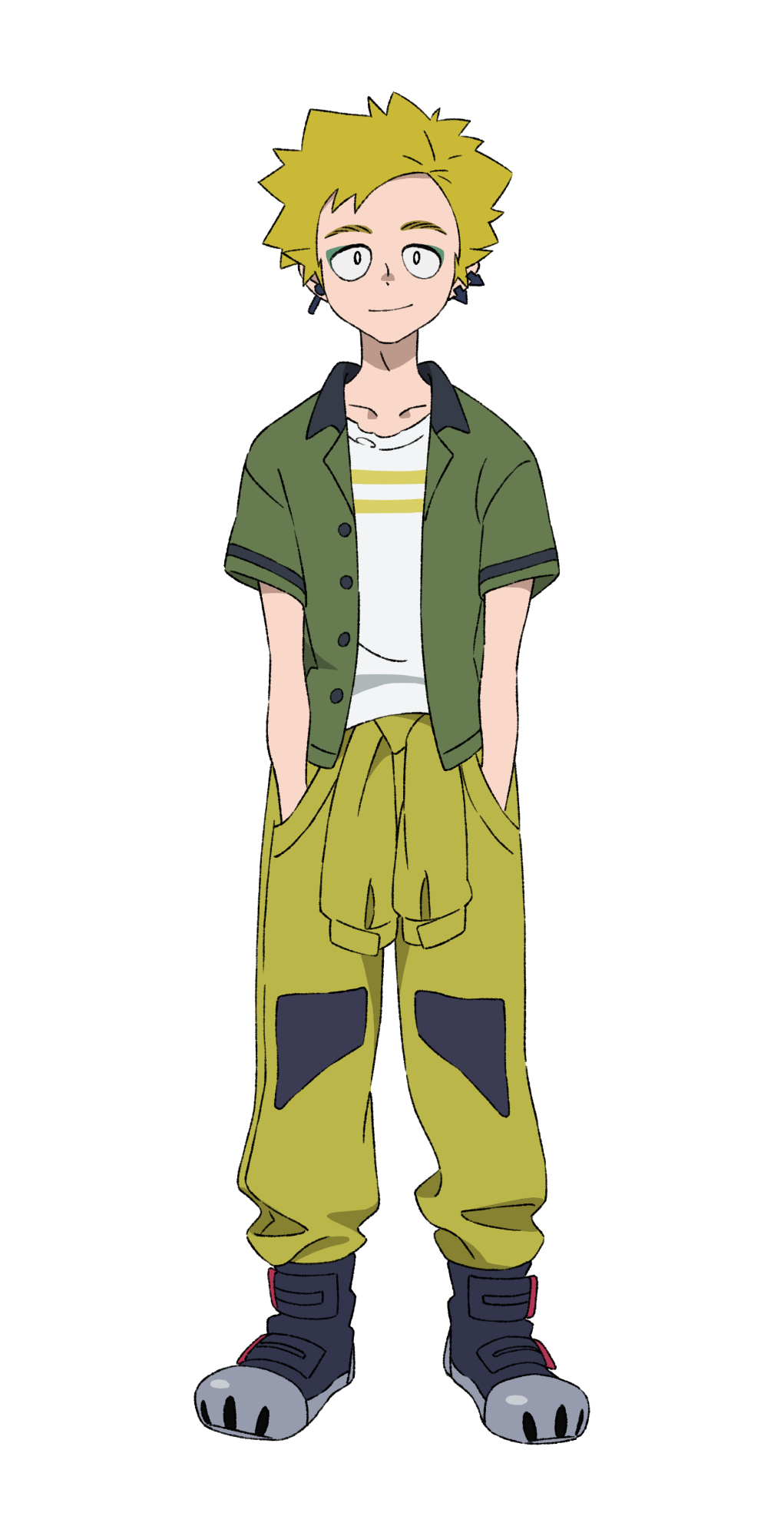 1boy, blonde_hair, boots, clothes_around_waist, earrings, eyeshadow, full_body, green_eyeshadow