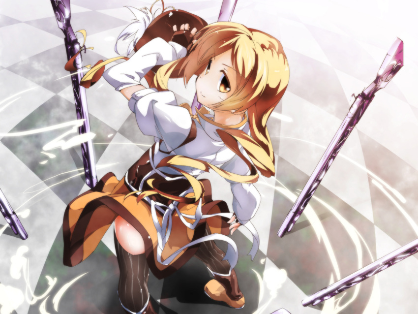 >:), alta, beret, blonde_hair, boots, detached_sleeves, drill_hair, fingerless_gloves