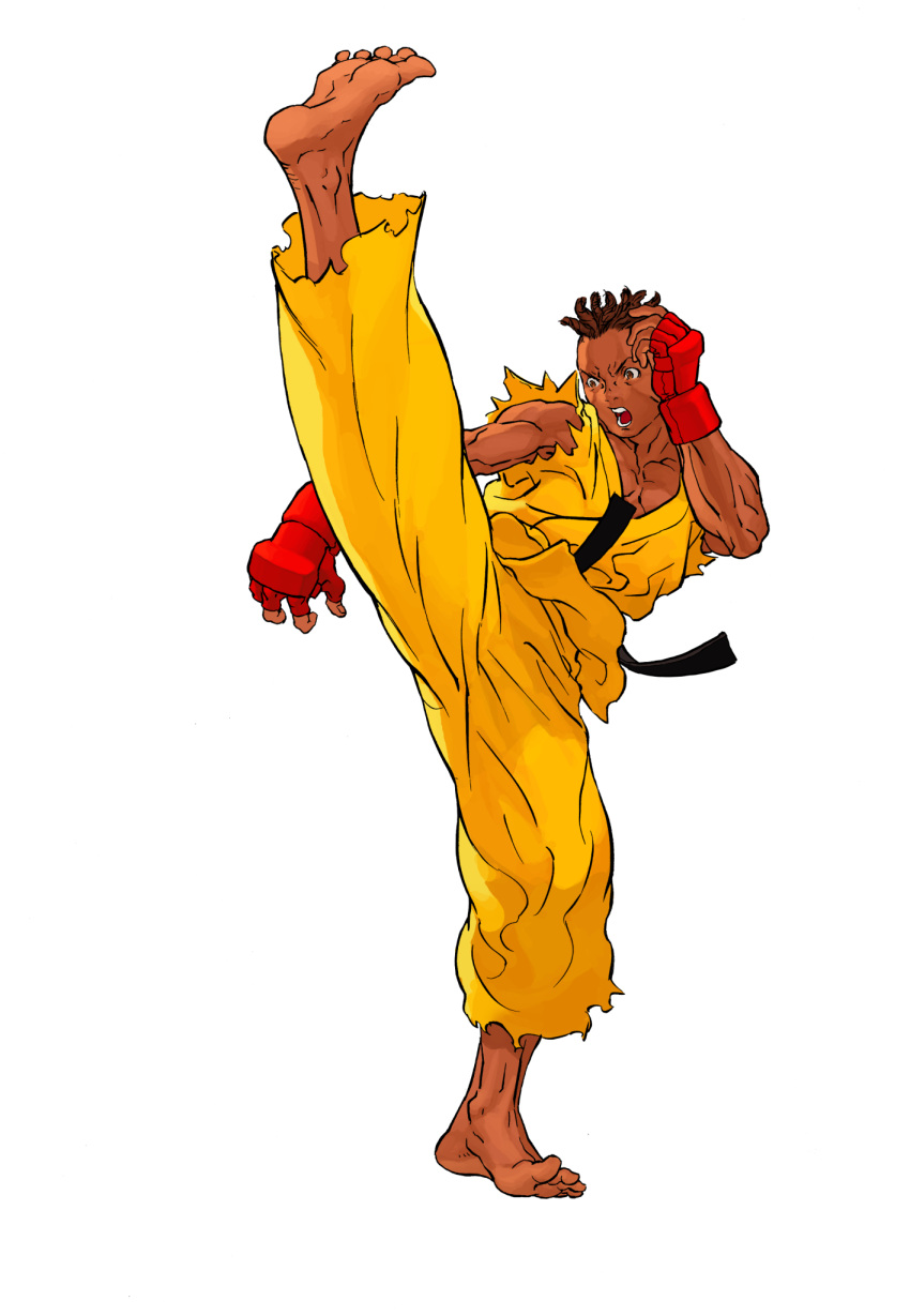 1boy, angry, axe_kick, barefoot, brown_hair, cornrows, dark-skinned_male, dark_skin