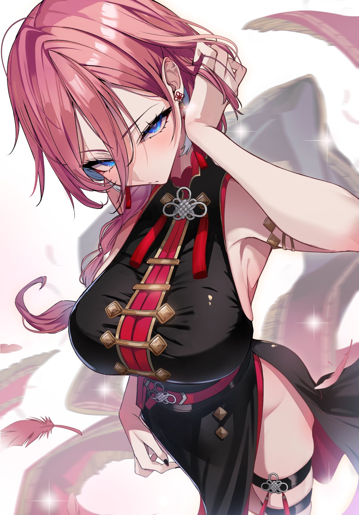 1girl, black_dress, blue_eyes, blush, braid, braided_ponytail, breasts, china_dress, chinese_clothes, dress, earrings, feathers, highres, hololive, jewelry, large_breasts, long_hair, looking_at_viewer, omoti_(1201208), pink_hair, simple_background, sleeveless, sleeveless_dress, smile, solo, takane_lui, takane_lui_(5th_costume), tassel, thigh_strap, virtual_youtuber