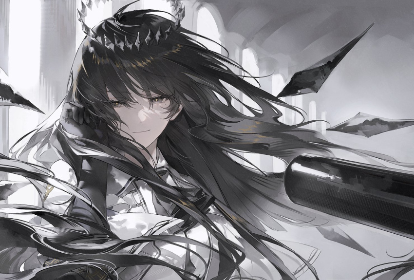 1girl, arknights, ascot, black_ascot, black_gloves, black_hair, character_request, close-up